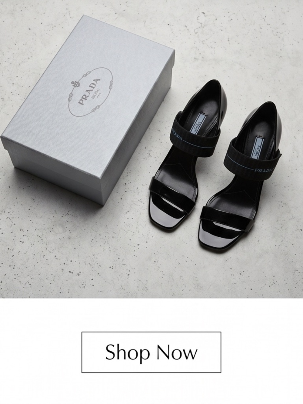 Prada Black Patent Leather Open-Toe Heels with Branded Ankle Strap